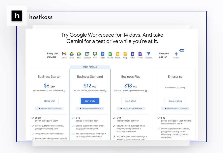 tarification de l'espace de travail de google