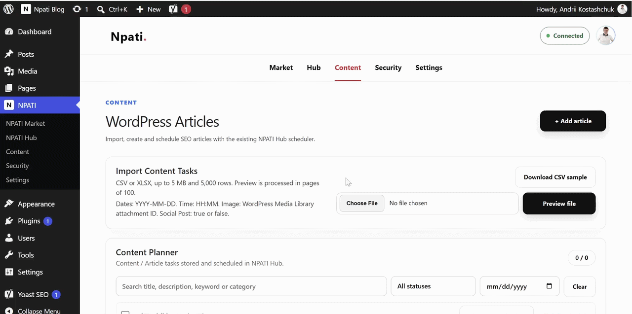 NPATI Content Automation WordPress content planning and scheduling