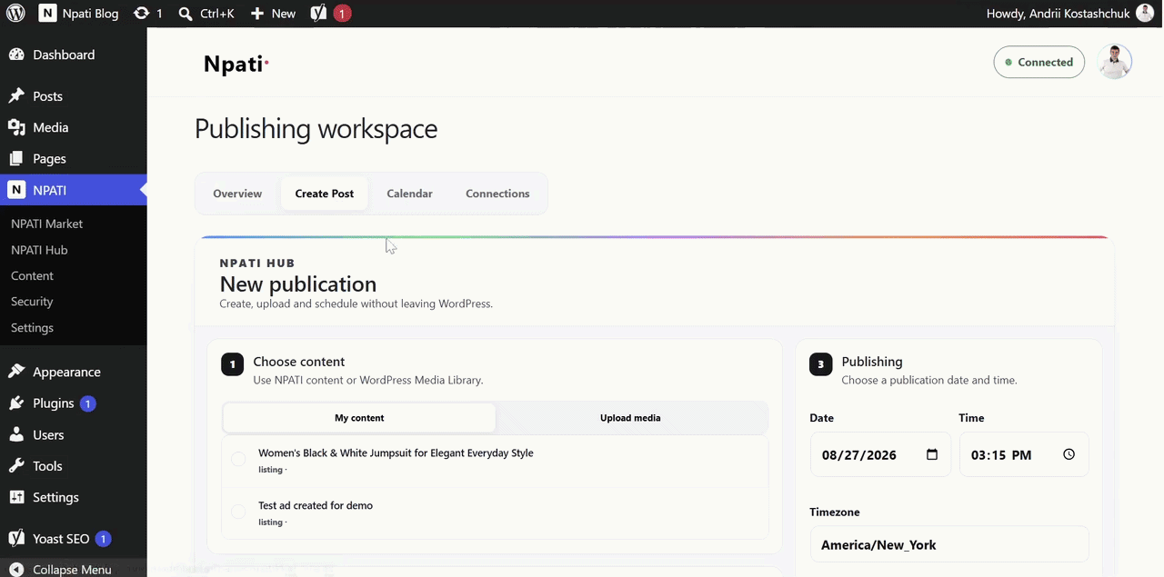 NPATI Hub create and schedule social post in WordPress
