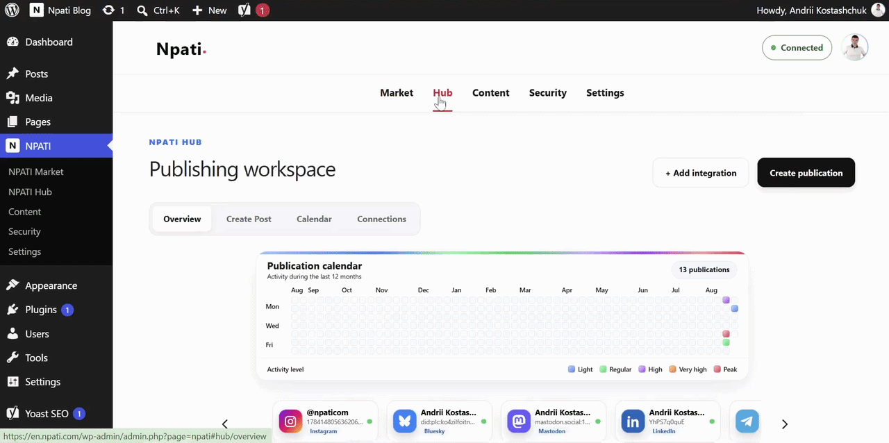 NPATI Hub overview and social publishing calendar in WordPress