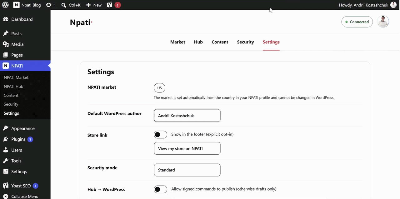 NPATI Content Automation settings and OpenAI connection in WordPress