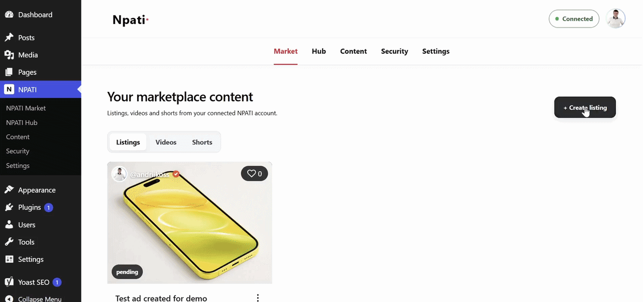 NPATI Content Automation marketplace listing editor in WordPress