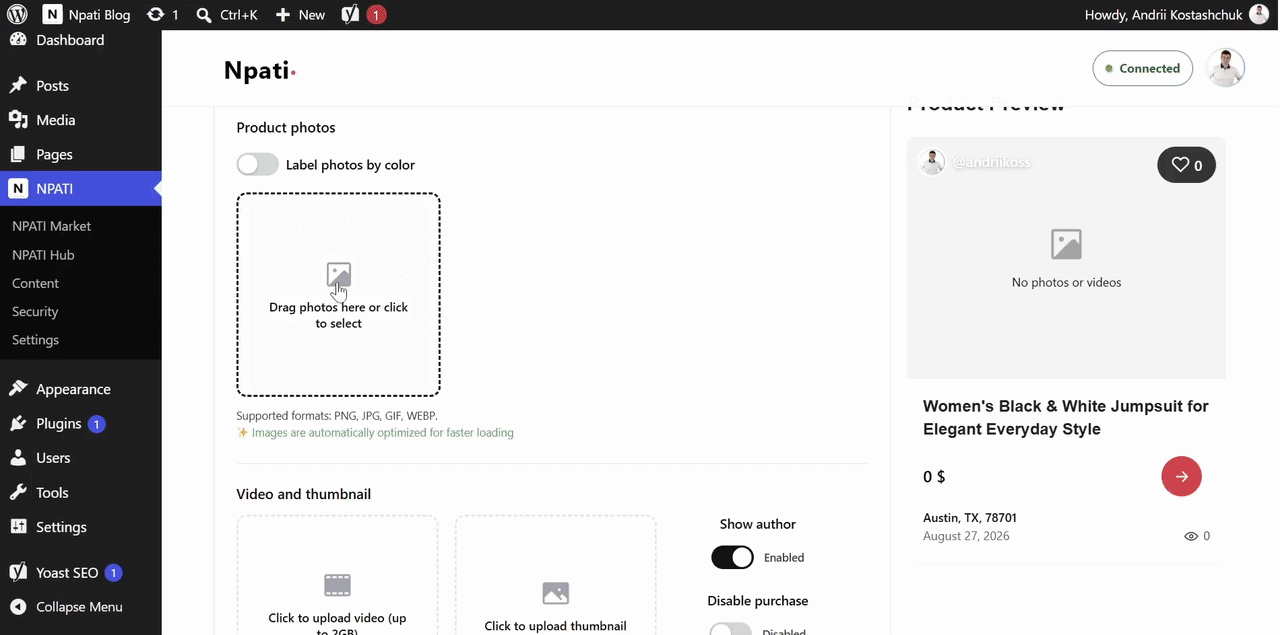 NPATI Content Automation product photo upload and listing preview