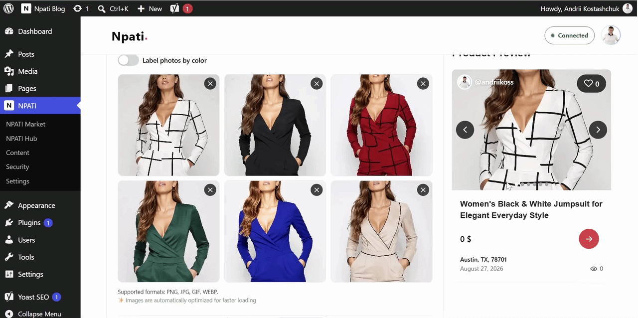 NPATI marketplace product photo carousel preview in WordPress