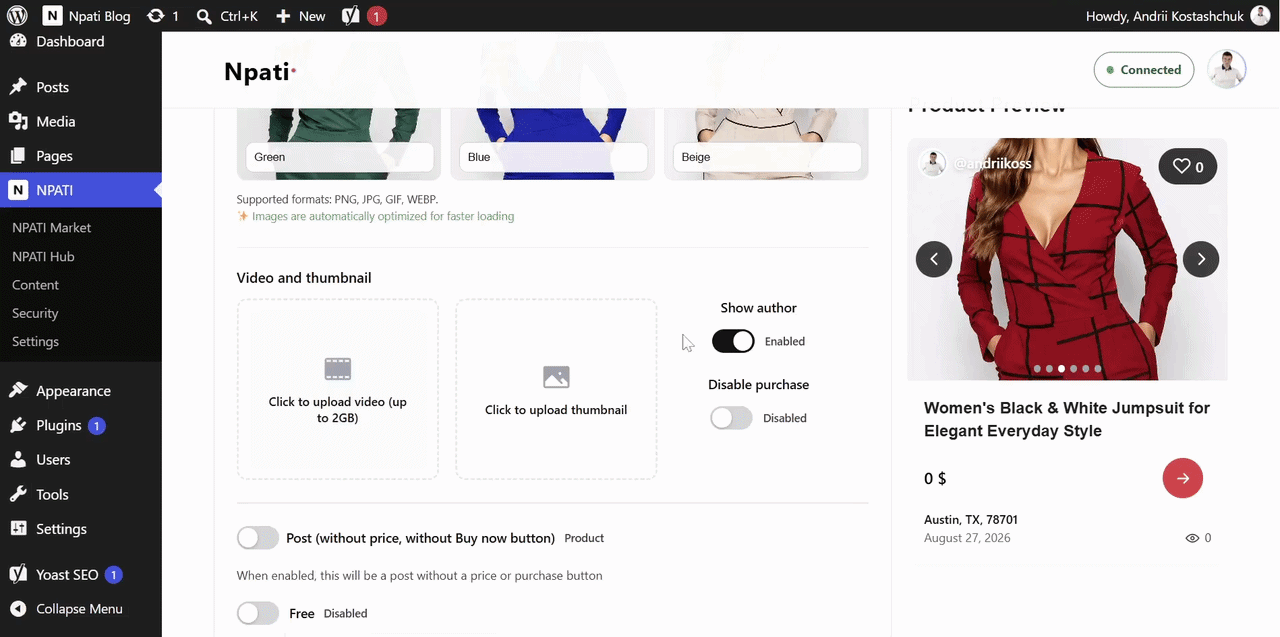NPATI listing with six product photos and a product video