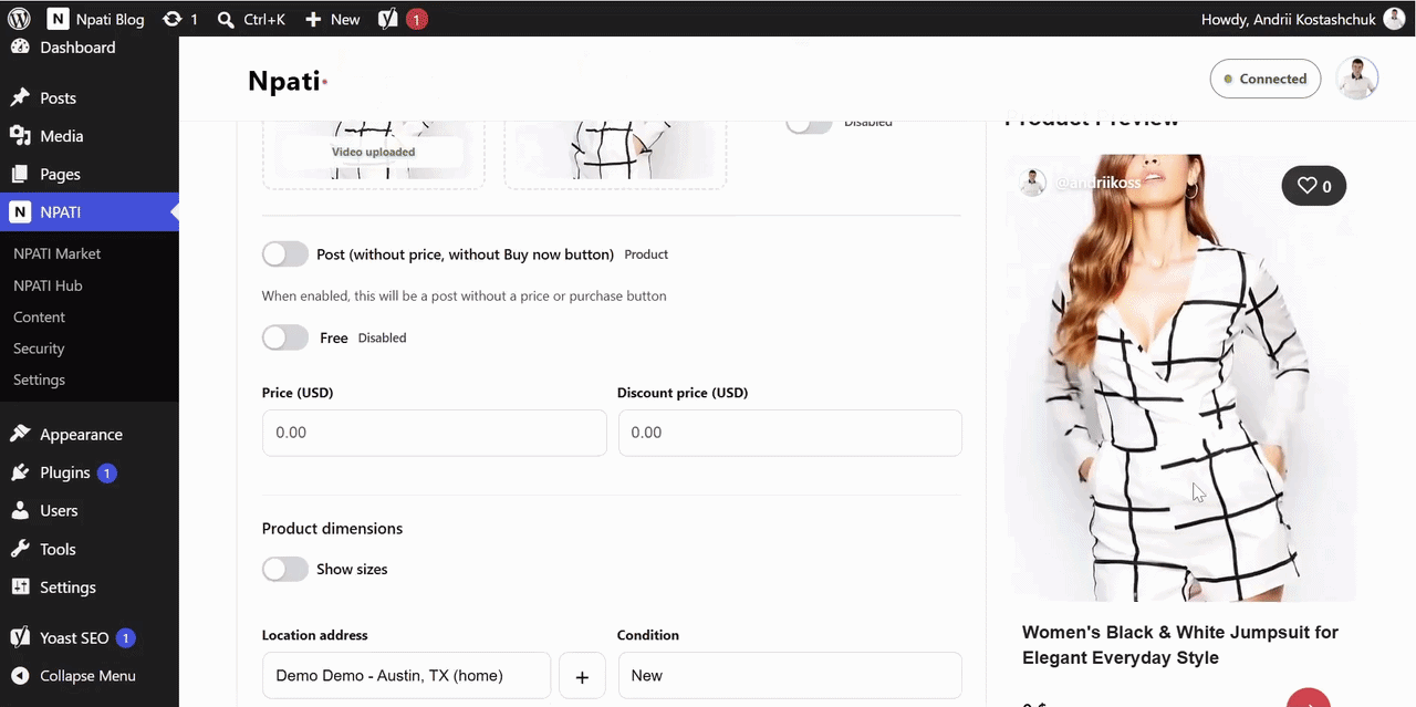 NPATI marketplace listing price and publication settings